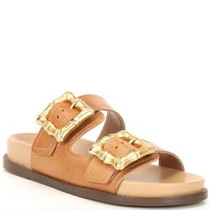 Schutz Enola Sporty Leather Buckle Detail Banded Slide Sandal